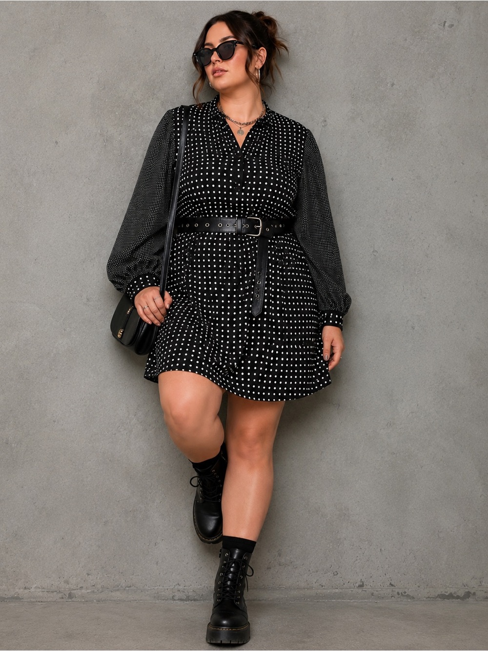 Ann Klein Black & White Polka Dot Shirt Dress/Tunic Blouse-Oversized Modern Chic
